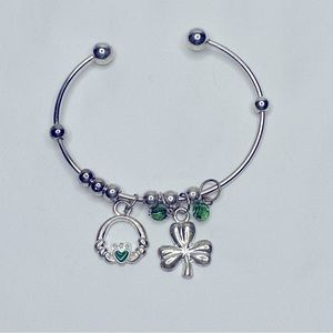 Irish Shamrock & Celtic Silver Tone Bangle Bracelet